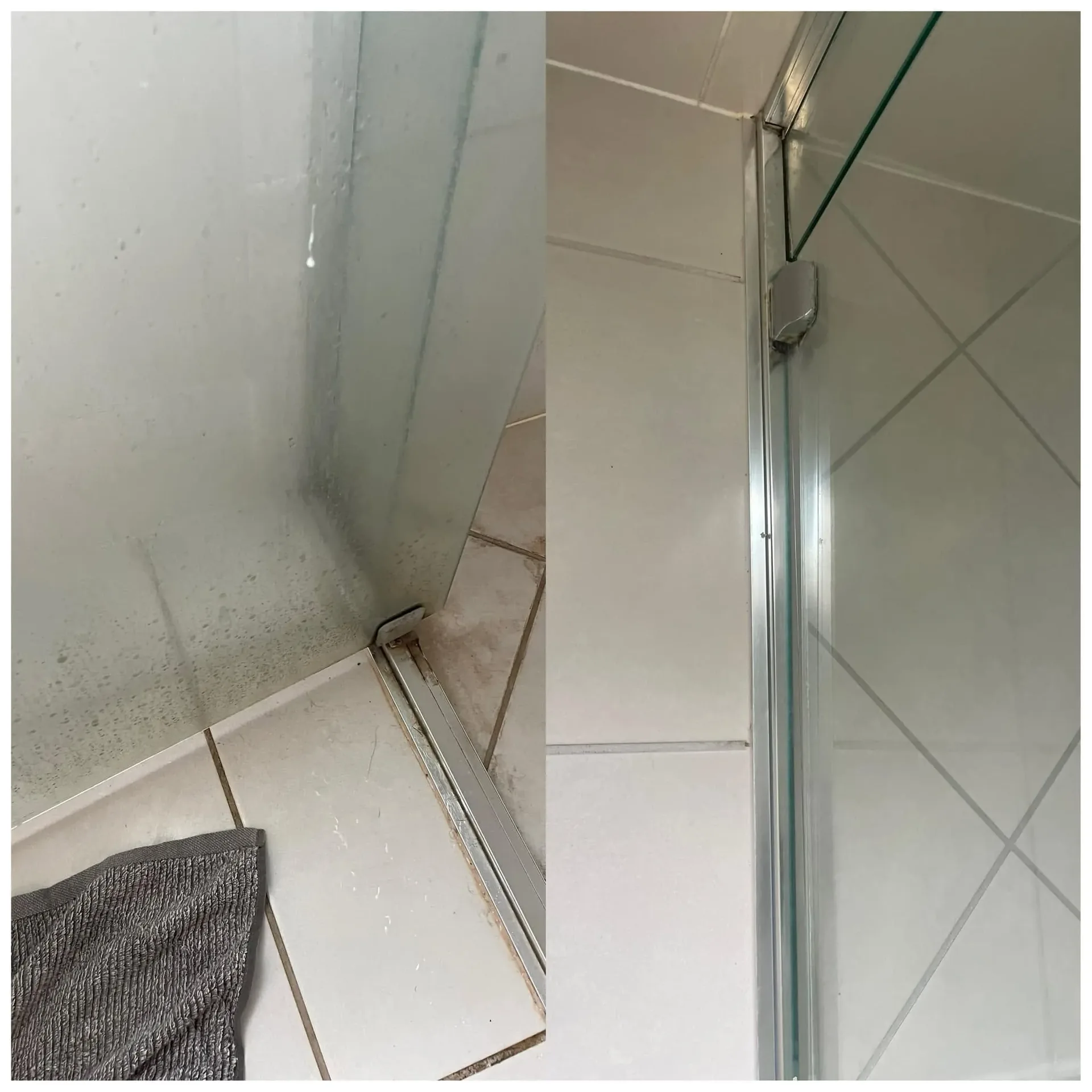 Detailed view of a tiled shower and glass screen ready for deep cleaning